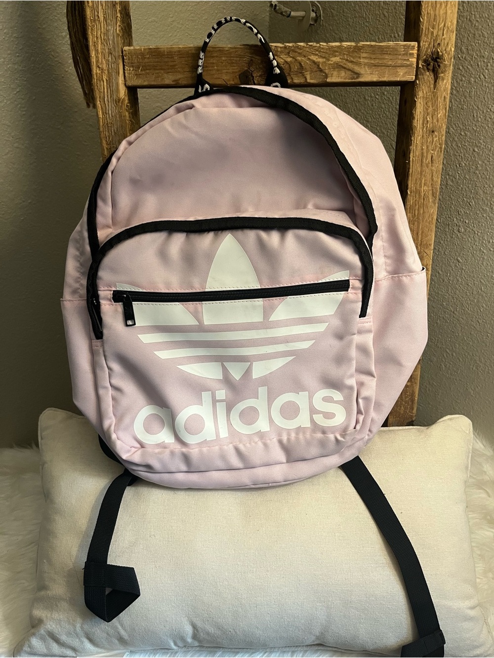 adidas pastel pink backpack with white logo and black trim
